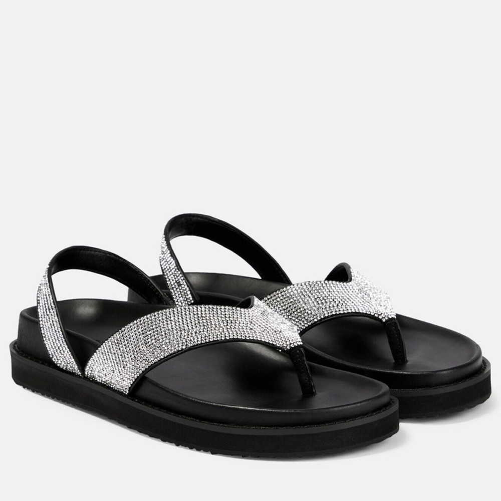 JONATHAN SIMKHAI Talie Flat Crystal embellished Sandals 38 Black Rhinestone
